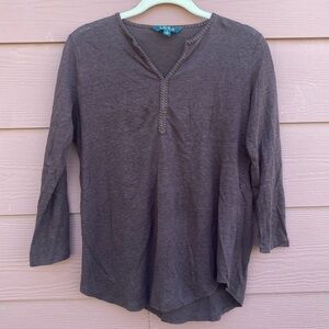 Lauren Ralph Lauren 100% Linen Soft Brown Quarter Sleeve Shirt Blouse V Neck S